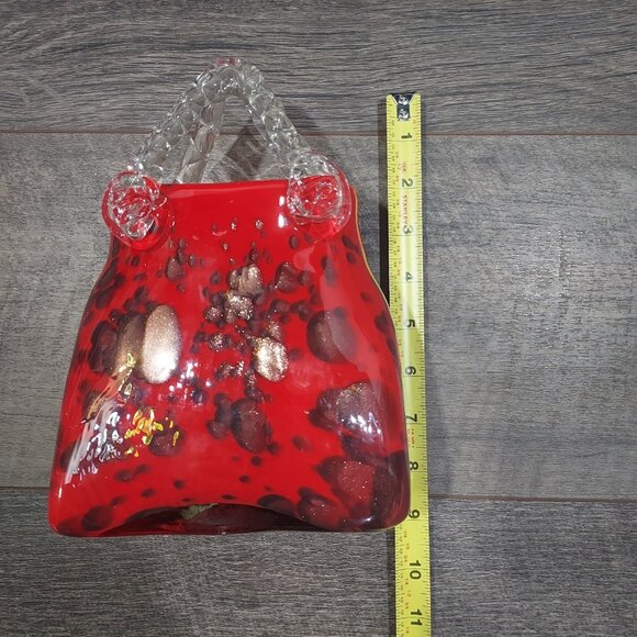 Purse Vase Hand Blown Red Glass Gold Fleck Cheetah Print - Picture 4 of 14